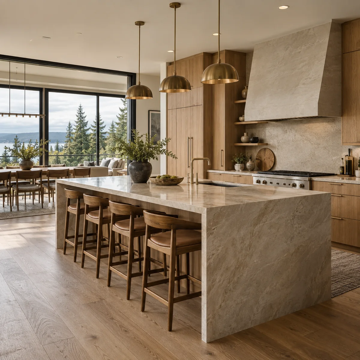 Luxury Seattle kitchen remodel with warm wood cabinetry and a view of evergreen trees